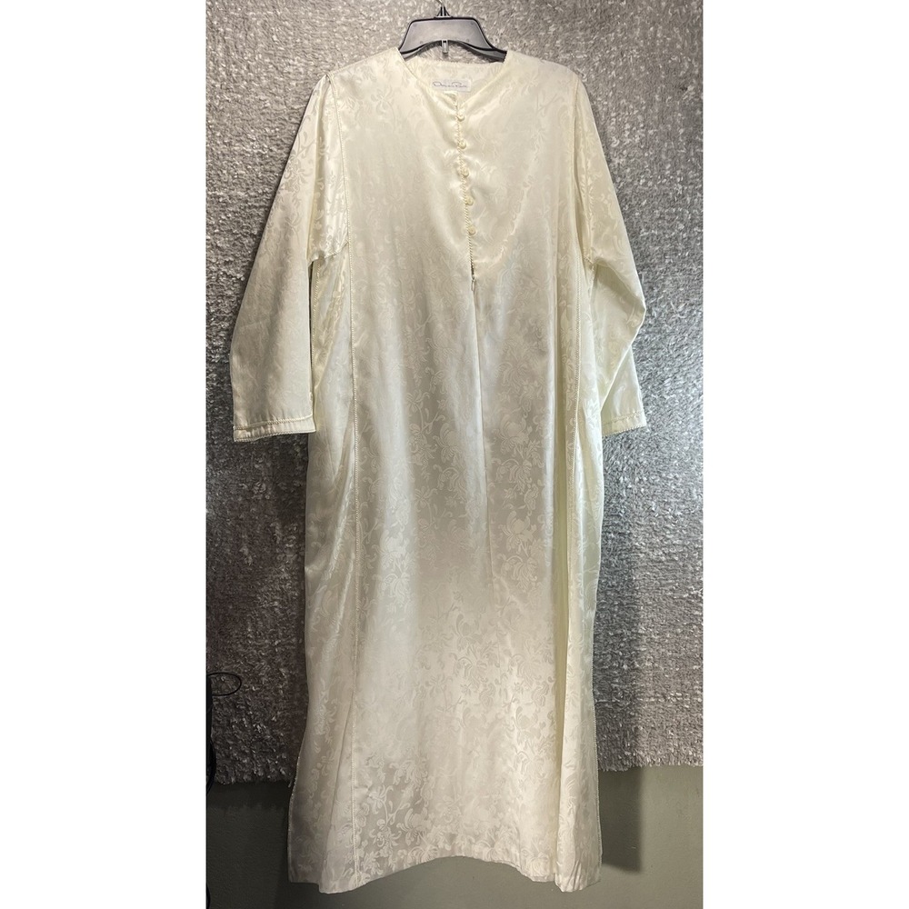 Oscar de la Renta Ivory Satin Nightgown Long Sleeve Sz Medium Preppy Classic